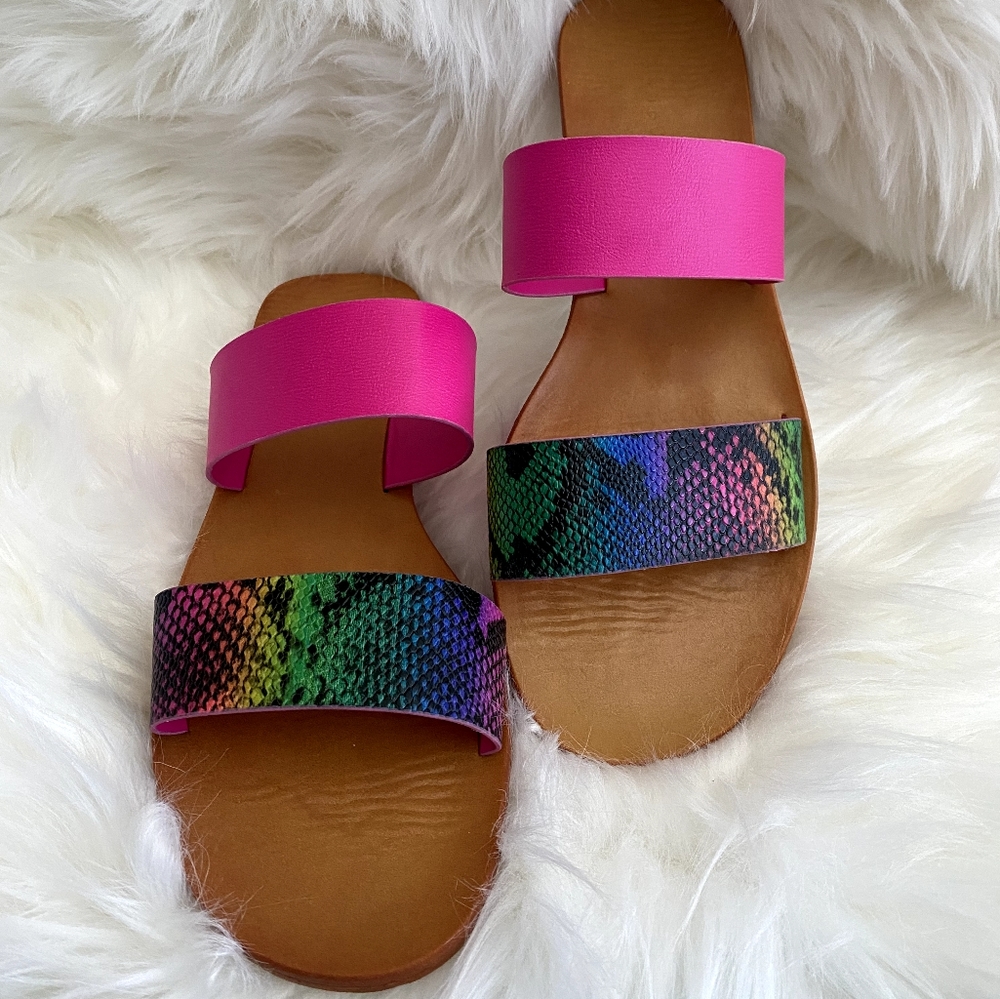 Hot pink rainbow snake print band sandals